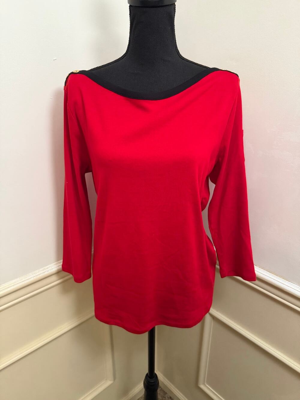 Lauren Ralph Lauren Red Boatneck Top 3/4 Sleeve Black Trim Gold Button Accent